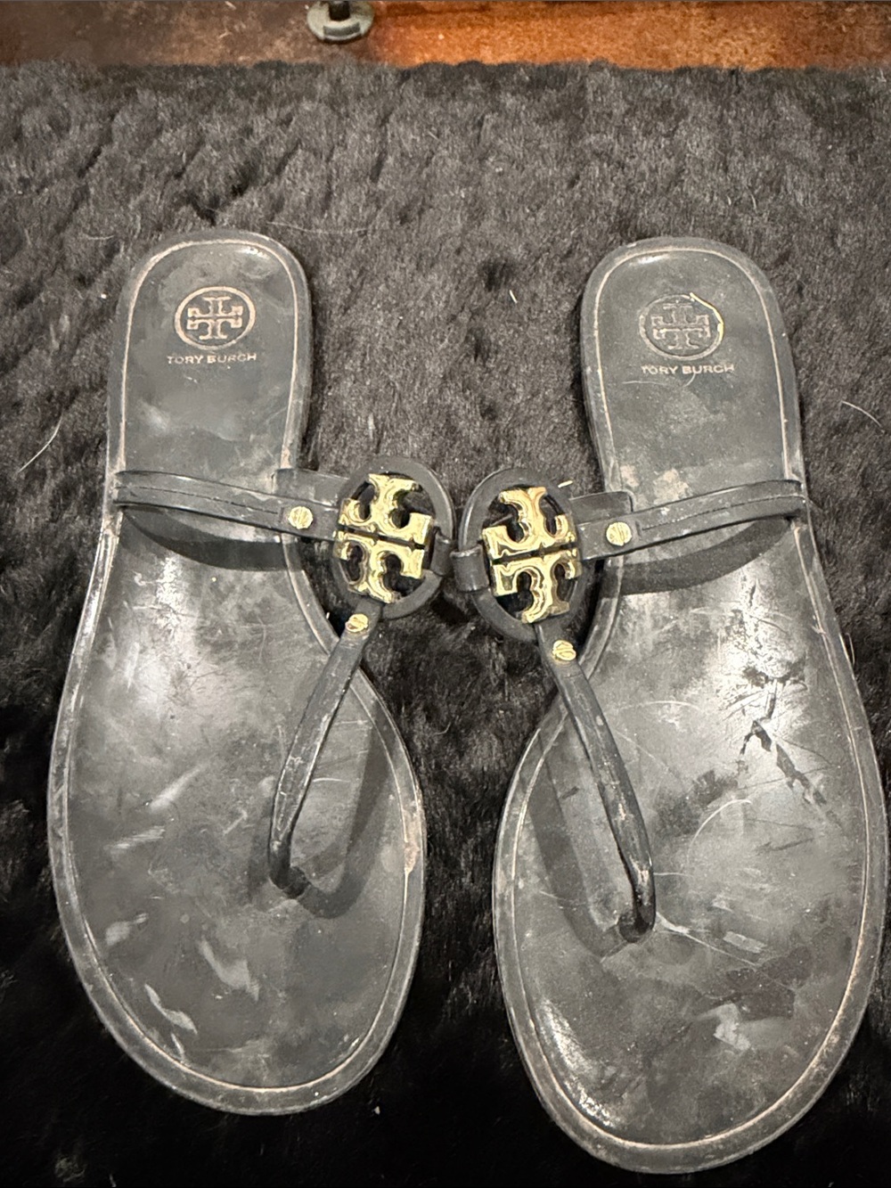 Tory Burch Black Jelly Sandal with Gold Logo Medallion